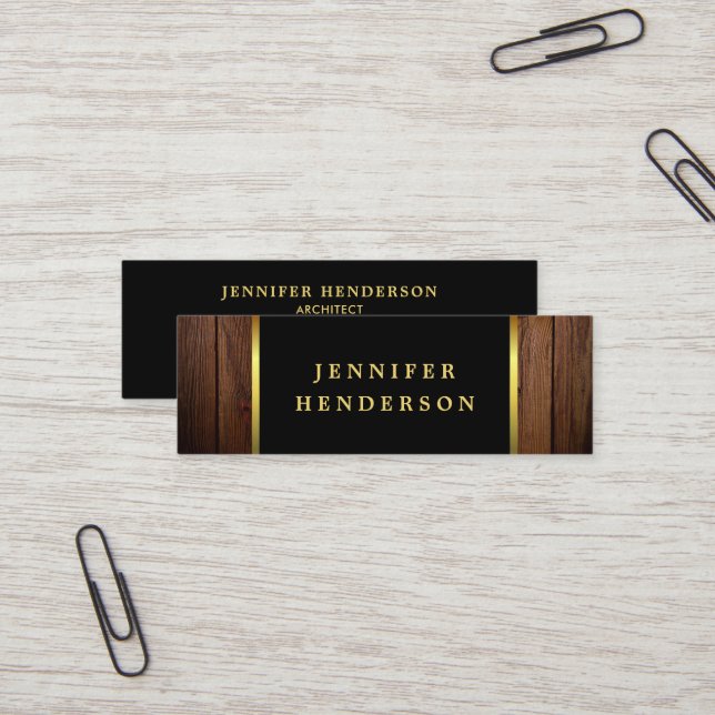Modern black gold wood pattern professional mini business card (Front/Back In Situ)