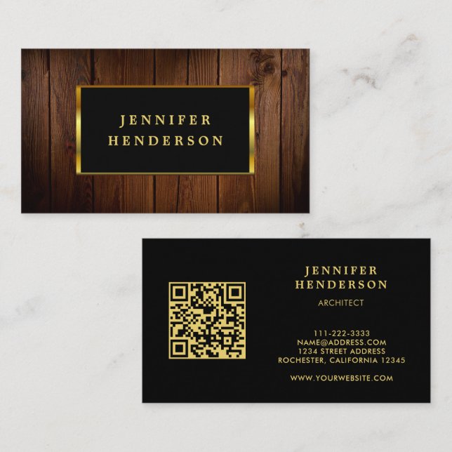 Modern black gold wood QR code professional Business Card (Front/Back)