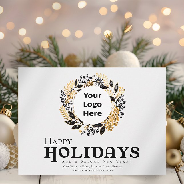Modern Black Gold Wreath Christmas Corporate Happy Holiday Card (Black and Gold Wreath Corporate Happy Holidays Business Christmas Card with Logo )