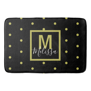 Modern Black Golden Circle Pattern Monogram Bath Mat
