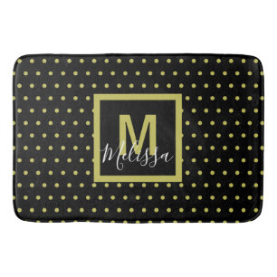 Modern Black Golden Circle Pattern Monogram Bath Mat