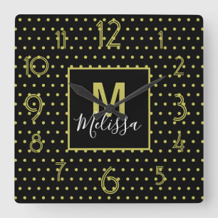 Modern Black Golden Circle Pattern Monogram Square Wall Clock