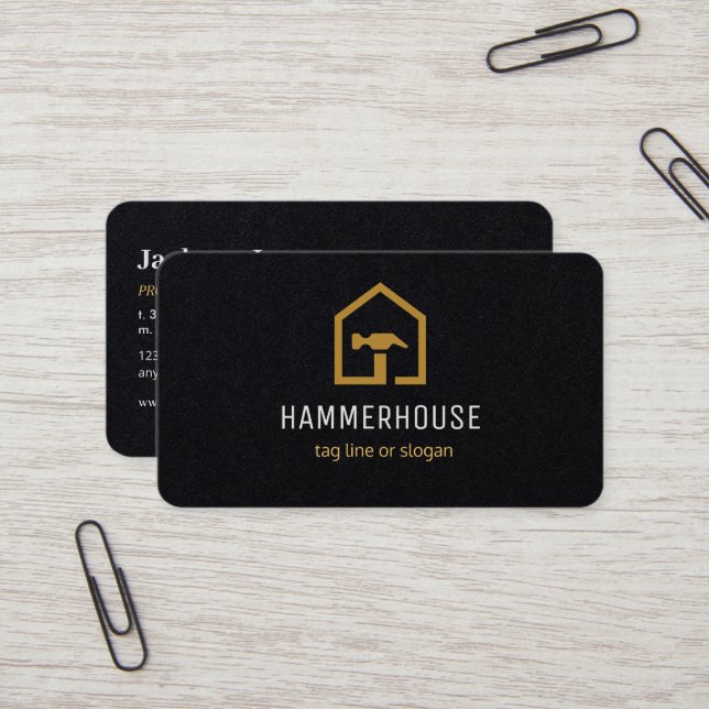 Modern Black & Golden Construction Building Business Card (Front/Back In Situ)