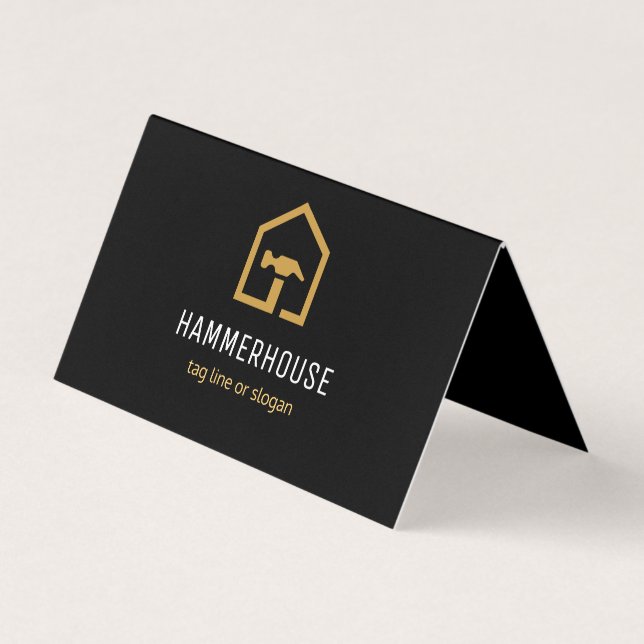 Modern Black & Golden Construction Building Folded Business Card (Front)