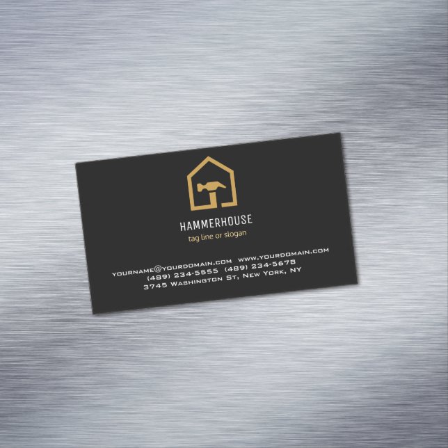 Modern Black & Golden Construction Building Magnetic Business Card (In Situ)