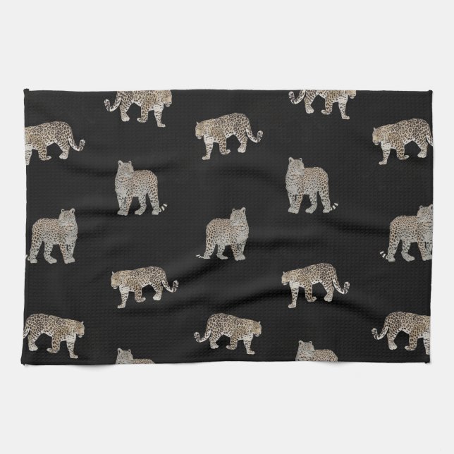 Modern Black Golden Leopard Jungle Animals Tea Towel (Horizontal)