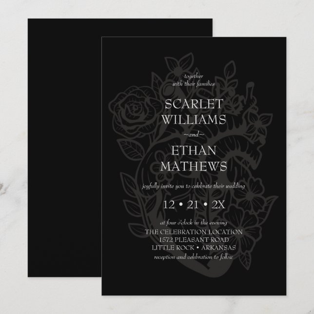 Modern Black Gothic Elegant Floral Heart Wedding Invitation (Front/Back)