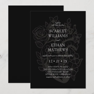 Modern Black Gothic Elegant Floral Heart Wedding Invitation