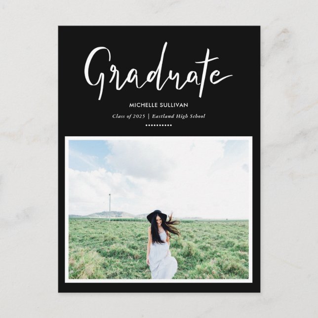Modern Black | Graduate Script Handwritten | Photo Announcement Postcard (Front)