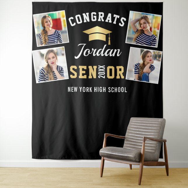 Modern Black Graduation 4 Photo Booth Backdrop Tapestry (In Situ)