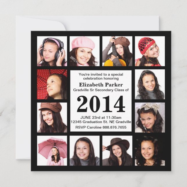 Modern Black Graduation with 12 Photos Invitation (Front)