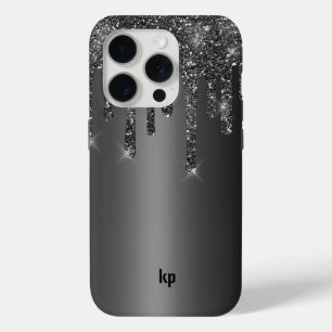 Modern black gray glitter drips on metallic black iPhone 15 pro case