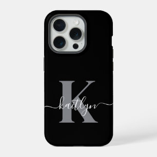 Modern Black Gray Script Monogram iPhone 15 Pro Case