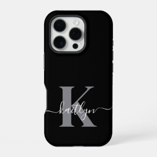 Modern Black Gray Script Monogram iPhone 16 Pro Case
