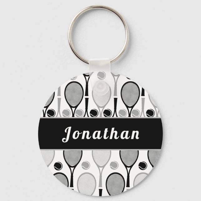 Modern Black & Gray Tennis Player Coach Name Sport Key Ring (Front)