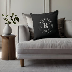 Modern Black Grayish Stamp Family Monogram  Cushion