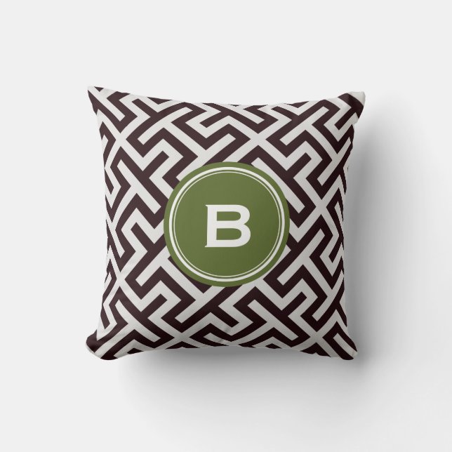 Modern black greek key geometric pattern monogram cushion (Front)