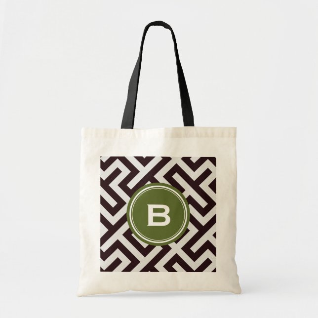 Modern black greek key geometric pattern monogram tote bag (Front)