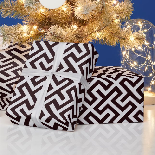 Modern black greek key geometric pattern monogram wrapping paper (Holidays)