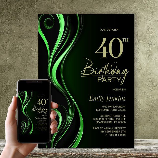 Modern Black Green 40th Birthday Party Invitation (Creator Uploaded)