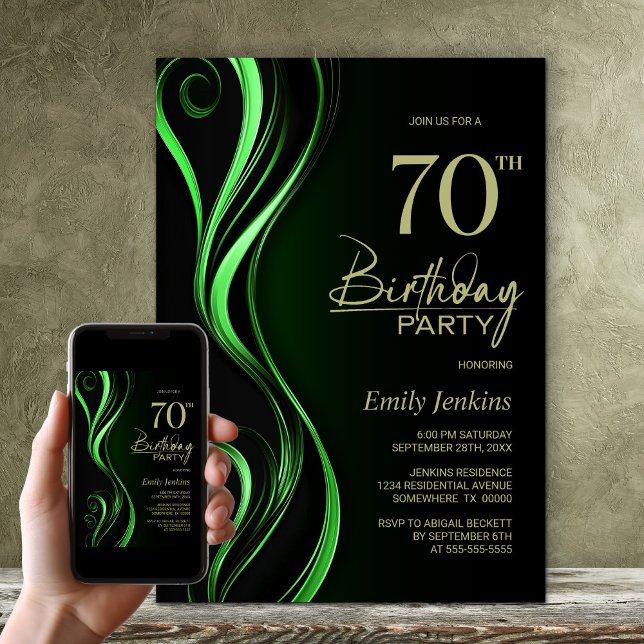 Modern Black Green 70th Birthday Party Invitation (Creator Uploaded)