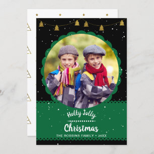 Modern Black Green Holly Jolly Christmas Photo Holiday Card