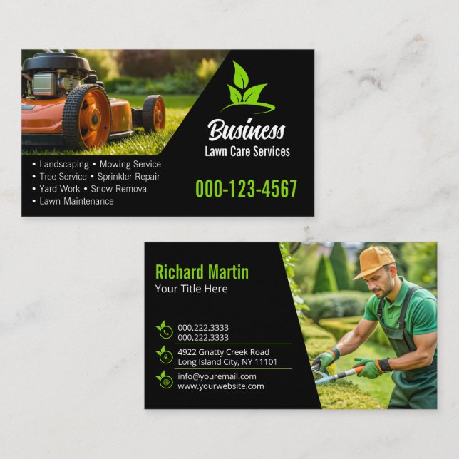 Modern Black Green Lawn Mowing Landscaping Business Card (Front/Back)