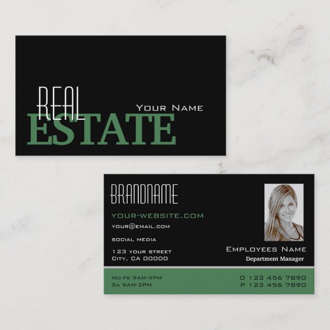 Modern Black Green White with Photo Professional Business Card (Front/Back)