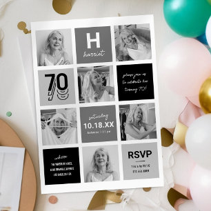 Modern Black Grey 70th Birthday Invitation