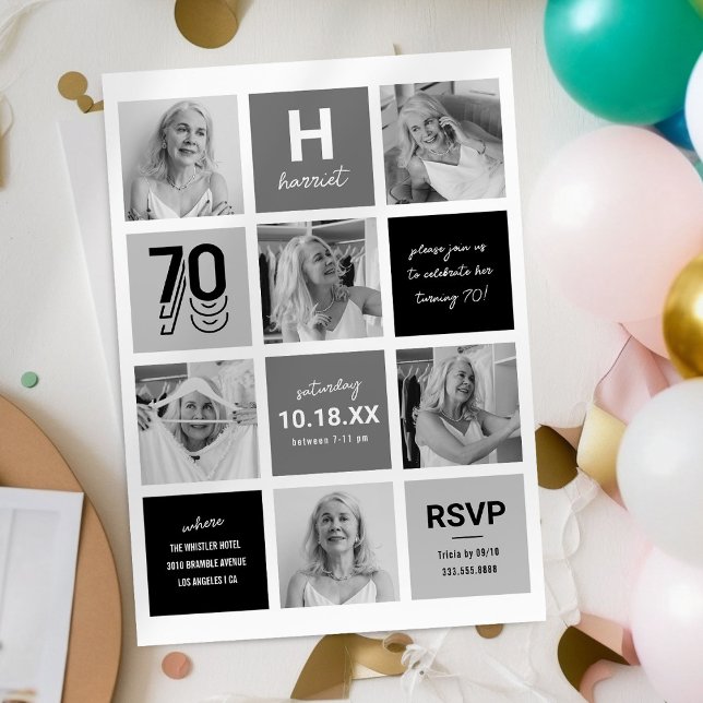 Modern Black Grey 70th Birthday Invitation (Creator Uploaded)
