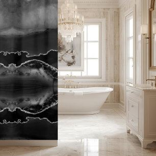 Modern Black Grey Agate Marble Crystal Geode Shower Curtain