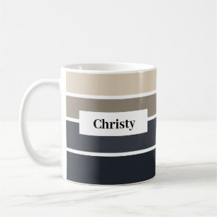 Modern Black Grey Beige Strip Name Custom Coffee Mug