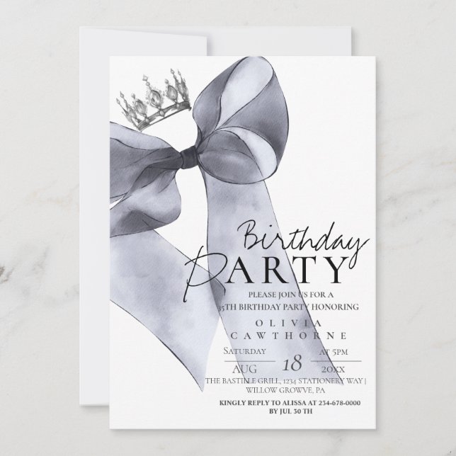 Modern Black Grey Bow Birthday Party  Invitation (Front)