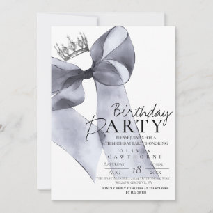 Modern Black Grey Bow Birthday Party  Invitation