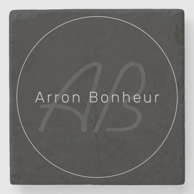 Modern Black & Grey | Cool Name & Monogram Stone Coaster (Front)