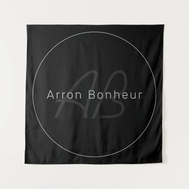 Modern Black & Grey | Cool Name & Monogram Tapestry (Front)