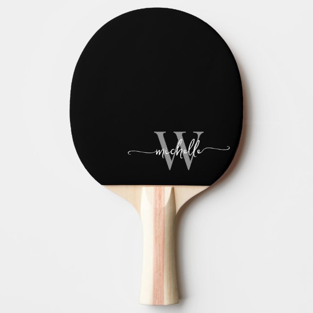 Modern Black Grey Custom Monogram Name Script Ping Pong Paddle (Front)