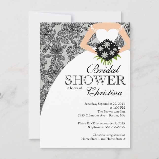 Modern Black Grey floral Bride Bridal Shower Invitation (Front)