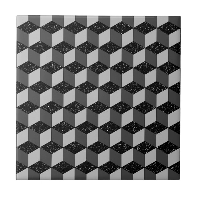 Modern Black Grey Geometric 3D Cube Pattern Tile (Front)