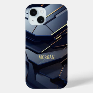 Modern Black & Grey Geometric Design, Gold Name iPhone 15 Case