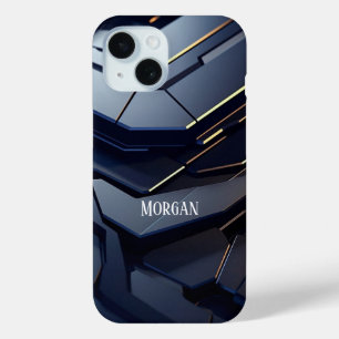 Modern Black & Grey Geometric Design, White Name iPhone 15 Case