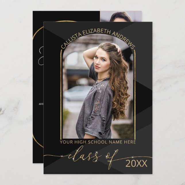 Modern Black Grey Geometric Photo Graduation Invit Invitation (Front/Back)