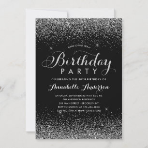 Modern Black Grey Glitter Sparkle Any Age Birthday Invitation