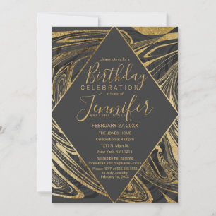 Modern Black Grey Gold Marble Swirl Birthday Invitation