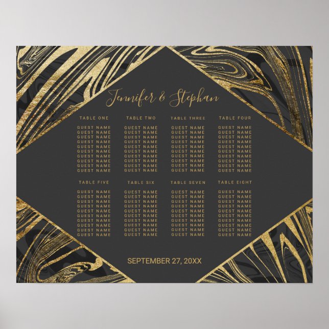 Modern Black Grey Gold Marble Swirl Seating Chart (Front)