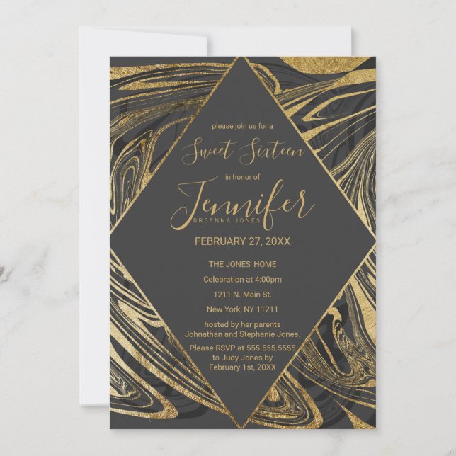 Modern Black Grey Gold Marble Swirl Sweet 16 Invitation (Front)