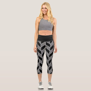 Modern Black Grey Herringbone Chevron Pattern Capri Leggings