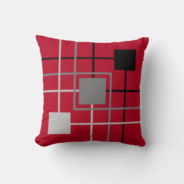 Modern Black Grey Lines & Squares on Burgundy Red Cushion (Front)
