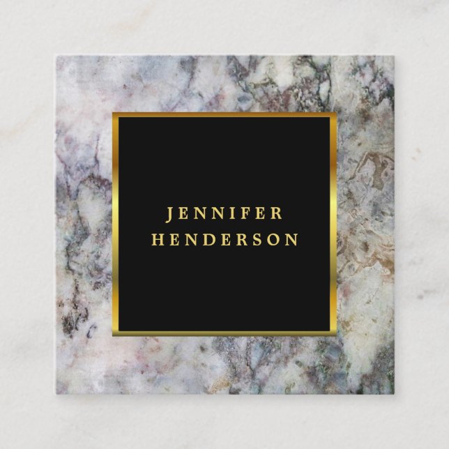 Modern black grey marble and gold professional square business card (Front)