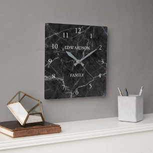 Modern black grey marble pattern family name square wall clock
